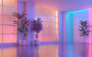 Картинка интерьер, дизайн, комната, растение, окно, свет, неон