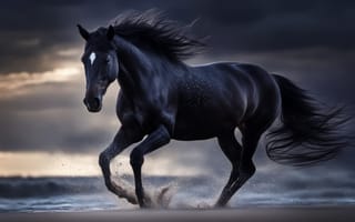 Картинка лошадь, конь, лошади, животные, вороной, бег, море, океан, вода, брызги, всплеск, вечер, закат, заход