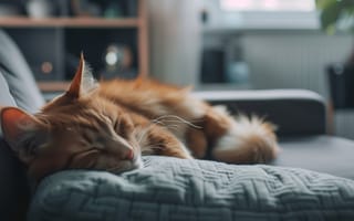 Картинка кот, кошки, кошка, кошачьи, домашние, животные, рыжий, диван, сон, сонный