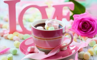 Картинка День святого Валентина,  роза,  зефирки,  чашка,  кофе,  романтика,  14 февраля