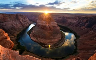 Картинка Гранд-Каньон, Большой Каньон, каньон, пейзаж, река Колорадо, Colorado, Arizona, США, горы, гора, природа, солнце, вечер, сумерки, закат, заход, облака, туча, облако, тучи, небо