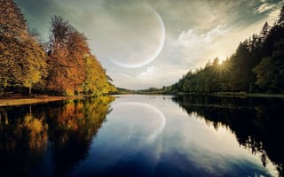 Картинка река, небо, луна, деревья, природа