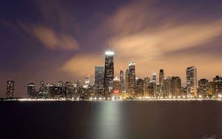 Картинка город, вода, Чикаго, небоскребы, огни, Иллиноис, ночь