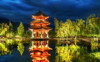 Картинка Азия, архитектура, вода, озеро, пруд, отражение, свечение