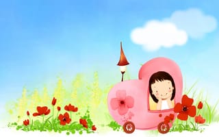 Картинка детские, облака, автомобиль, улыбка, цветы, фонарик, девочка
