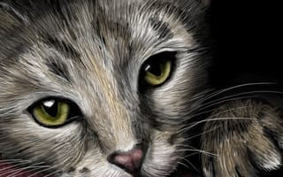 Картинка живопись, лапки, взгляд, мордочка, зеленые глаза, ушки, котенок