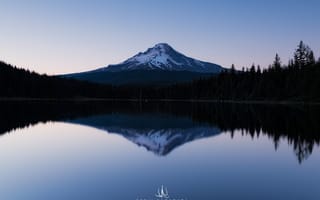 Картинка USA, небо, Kenji Yamamura, гора, деревья, отражение, Mount Hood, Oregon, озеро, photographer
