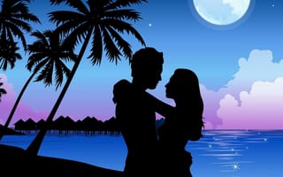 Картинка любовь, романтика, романтический, объятья, влюбленные, влюбленный, свидание, мужчина, человек, девушка, пара, двое, пляж, пальма, океан, ночь
