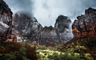Картинка горы, гора, природа, скала, водопад, туман, дымка, облачно, облачный, облака