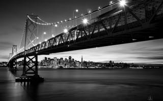 Картинка город, мост, ч/б, Сан-Франциско, photographer, Kenji Yamamura, огни