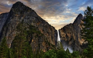 Картинка водопад, природа, скала, Йосемитский парк, Йосемитский национальный парк, США, национальный парк, горы, гора