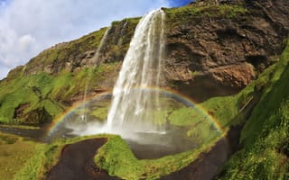 Картинка водопад, природа, скала, Исландия, радуга