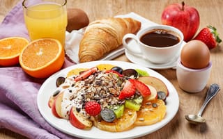 Картинка еда, вкусная, завтрак, яблоко, фрукт, овсянка, сок, тарелка, клубника, апельсин, кофе, напиток, яйцо