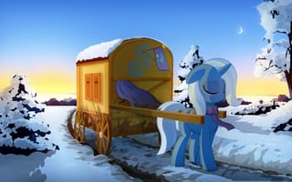 Картинка My little pony, деревья, дорога, Trixie, снег, повозка, пони