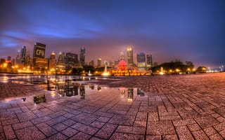 Картинка Чикаго, огни, фонтан, Иллиноис, илюминация, США, ночь, город