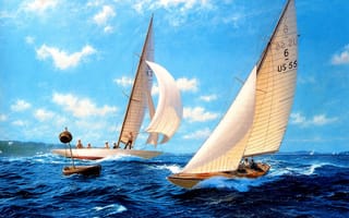 Картинка J. Steven Dews, картина, облака, ветер, регата, яхта, небо, бурное море, волны