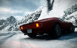 Картинка Need for Speed The Run, снег, габариты, Lamborghini Miura SV, дорога, спорткар, классика, горы, ракурс