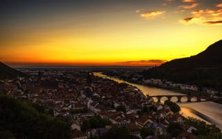 Картинка пейзаж, Германия, дома, Баден-Вюртемберг, мост, панорама, горы, река, Гейдельберг, зарево