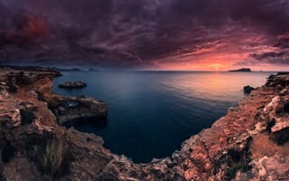 Картинка рассвет, Ibiza, небо, природа, море, тучи, пейзаж, скалы