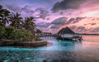 Картинка Maldives, дома, море, пейзаж, закат
