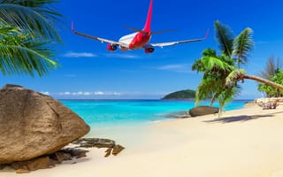 Картинка Самолет, The plane, tropics, тропики, летящий над островом, пляж, beach, море, sea, flying over the island