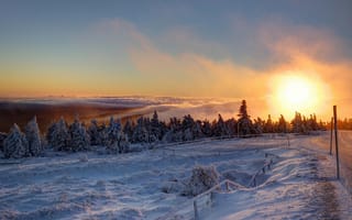 Картинка Morgen, Sonnenaufgang, Tannen, Wolken, Brocken, Berg, Eis, Nebel, Schnee