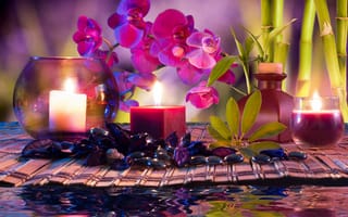 Картинка спа, Spa, flowers, орхидеи, water, candles, спа камешки, orchids, свечи, цветы, бамбук, Spa stones, вода, bamboo