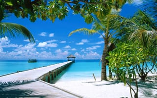 Картинка рай, облака, море, бунгало, небо, песок, отдых, пальмы, пляж, Мальдивы