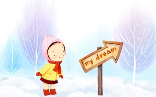 Картинка детские, шарфик, деревья, пальто, снег, шапочка, девочка, зима, указатель
