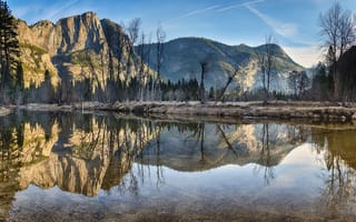Картинка Йосемитская долина, Мерседеса, река, горы, отражение, Swinging Bridge View, Yosemite Valley, Yosemite National Park, Merced River