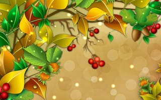 Картинка ветка, орехи, листья, ягоды, вектор