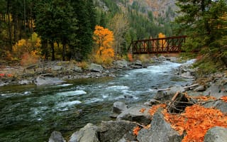 Картинка горы, река, мост, осень, лес