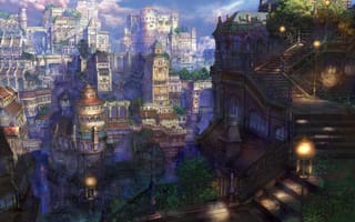 Картинка Fairytail, сказочный, арт, мир, фонари, город, лестница