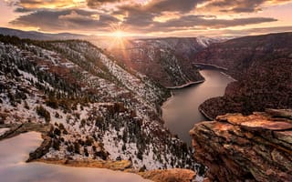 Картинка природа, каньон, река, зима, снег, рассвет