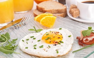 Картинка завтрак, зеленый лук, апельсин, яичница, бекон