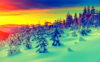 Картинка зима, снег, закат, горы, леса, рассвет, сугробы, елки