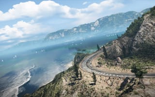 Картинка Need for Speed Hot Pursuit, трасса, небо, деревья, кусты, океан