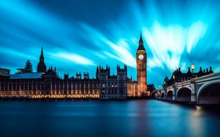 Картинка London, Night, Water, England, Clouds, Big Ben, River, City