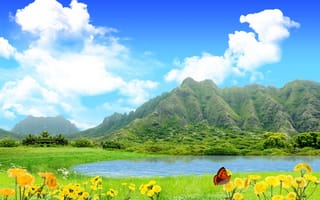 Картинка природа, луг, пруд, растительность, трава, одуванчики, облака, горы, зелень, туман, цветы, озеро, растения, небо, вода