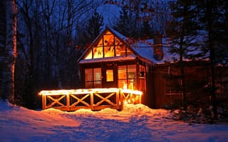 Картинка Зима, дом, березы, ночь, огни, снег, лес, дача, ели