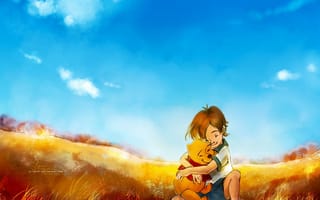 Картинка мальчик, детство, поле, винни, улыбки, объятие, трава, облака