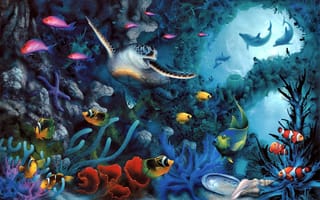 Картинка David Miller, дельфины, морское дно, черепаха, арт, рыбы