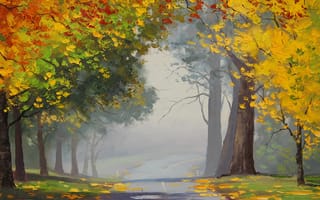 Картинка пейзаж, artsaus, дорога, листья, желтые, деревья, асфальт, осень, арт