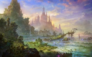 Картинка Замок, свет, облака, горы, руины, растительность, корабли, море