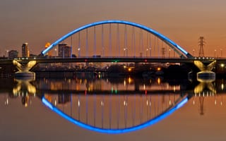 Картинка Миссисипи, мост, оранжевое, небо, США, штат Миннесота, река, огни, освещение, подсветка, фонари, Миннеаполис, вечер