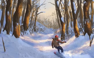Картинка сноубордист, сноуборд, лес