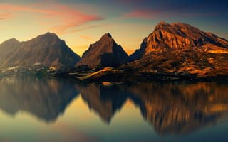 Картинка горы, река, эстетический, вечер, 5к, отражение, сумерки
