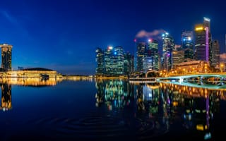 Картинка Сингапур, Marina Bay Sands, размышления, линия горизонта, 5к, огни города, ночь, центр города, городской пейзаж