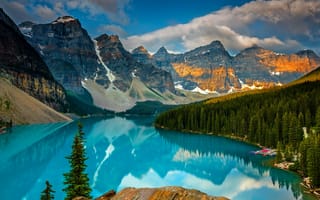 Картинка моренное озеро, национальный парк банф, Канада, лес, Альберта, долина, горы