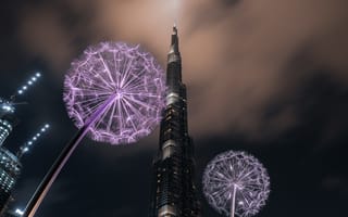 Картинка Бурдж-Халифа, Объединенные Арабские Эмираты, современная архитектура, ночное время, Дубай, небоскреб, облака, фотография под низким углом, высотное здание, вид на небо, цветы одуванчика, 5к